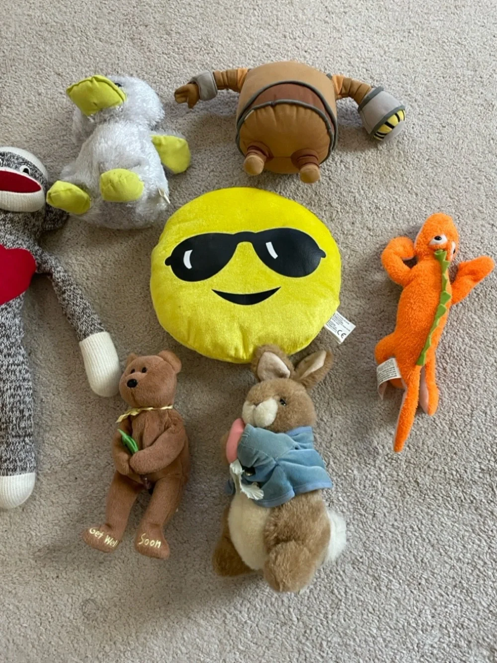Plush Emoji Pillow and Assorted Soft Toys - Yellow, Brown, Orange, Gray